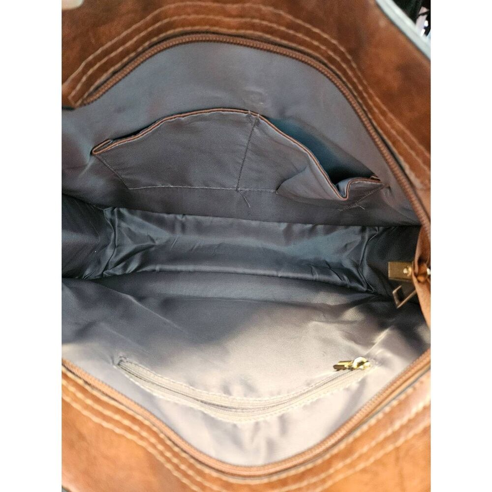 Vegan Leather Crossbody Bag Cognac Brown Embroidered Strap - Picture 5 of 7